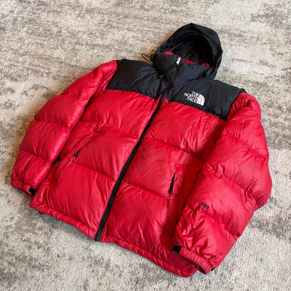 Vintage 90s North Face Nuptse 700 Fill Down Red Black Hooded Center Logo Puffer